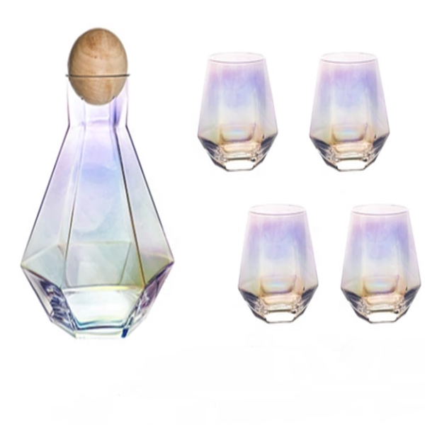 5 Pcs Of Crystal Glass Hexagon Decanter And Glasses Set - Rainbow