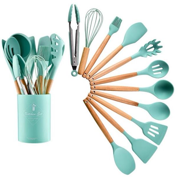 Silicone Kitchenware Set Wooden Handle Kitchen Utensil With Storage Bucket
