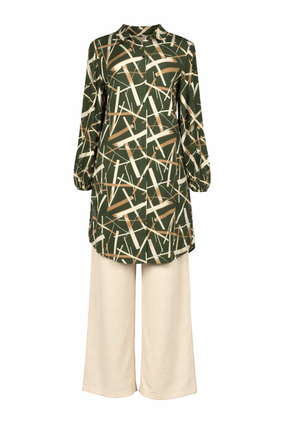 Green Modern Modest 2-Piece Viscose Pants and Shirt Set with Patterning