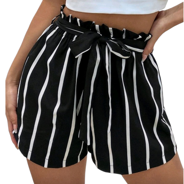 Ladies High-Waisted Striped Shorts - Black and White