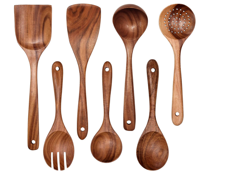 Wooden Non-Stick Kitchen Pan Toolset 7 Pieces Set,100% Natural Teak Kitchen