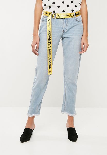 Women's Missguided Lust low rise belted boyfriend jean - light blue