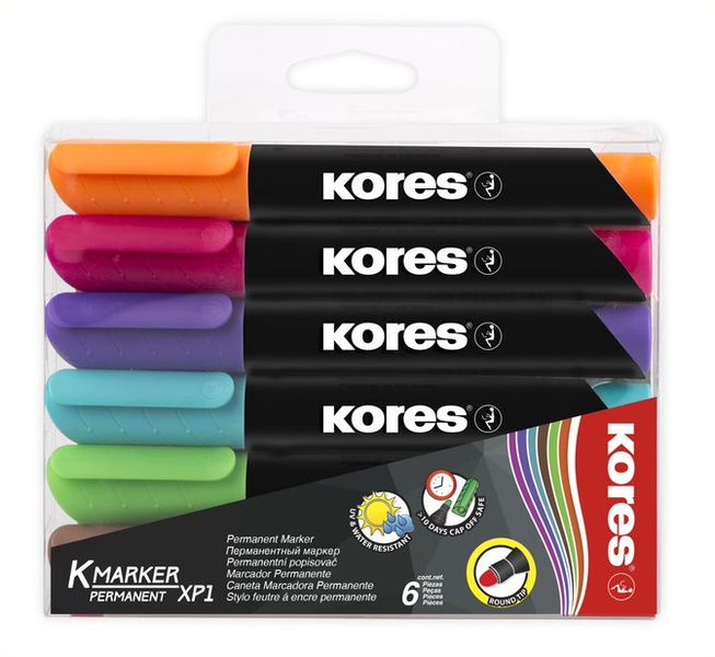 Kores K-Marker Permanent Marker, Assorted Colours, Wallet of 6