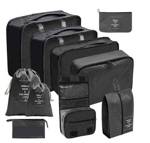 Black 10-Piece Travel Toiletry &amp; Cosmetic Packing Organizers Set