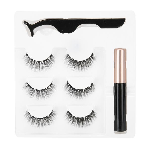 3 Pairs False Eyelashes Magnetic Liquid Eyeliner Tweezers Set Makeup (014)