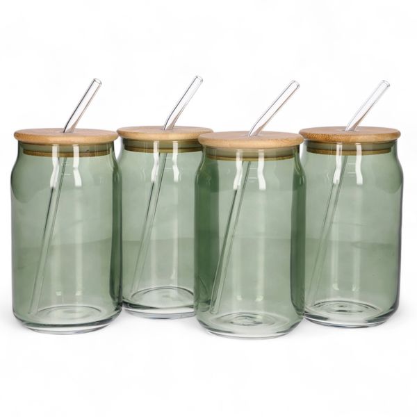 Green Cocktail Drinking Glasses with Bamboo Lids and Glass Straw - Set of 4