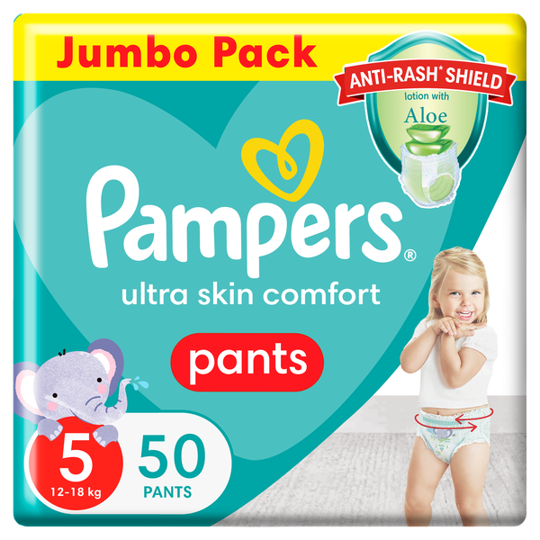 Pampers Anti-Rash Shield Pants Size 5(12-18kg) 50 Nappies, Lotion With Aloe