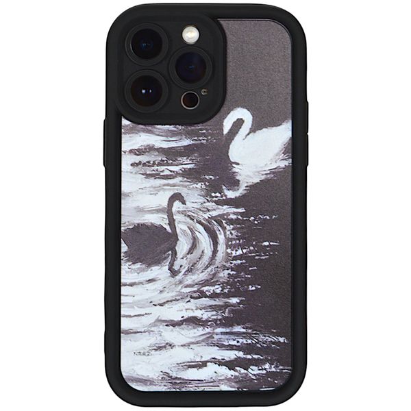 Black - Phone Case with Bubble Edge &amp; Swan Lake Print for Iphone 15 Pro Max