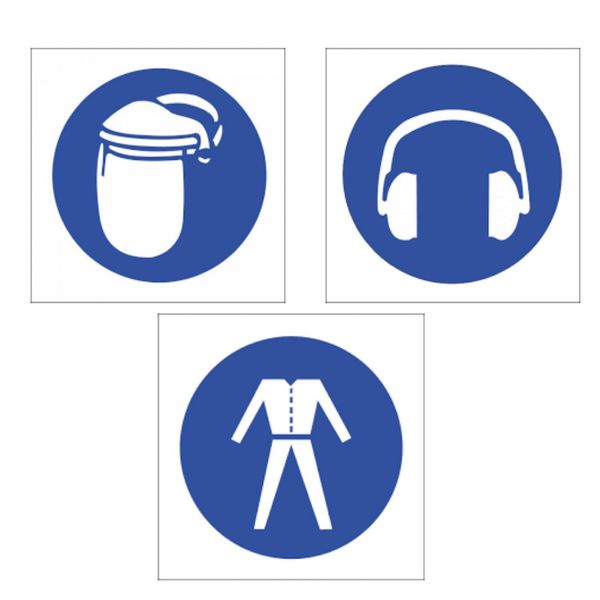 Safety Signs - 3Pc - Face &amp; Ear Protection, Wear Overall - 19cm x 19cm