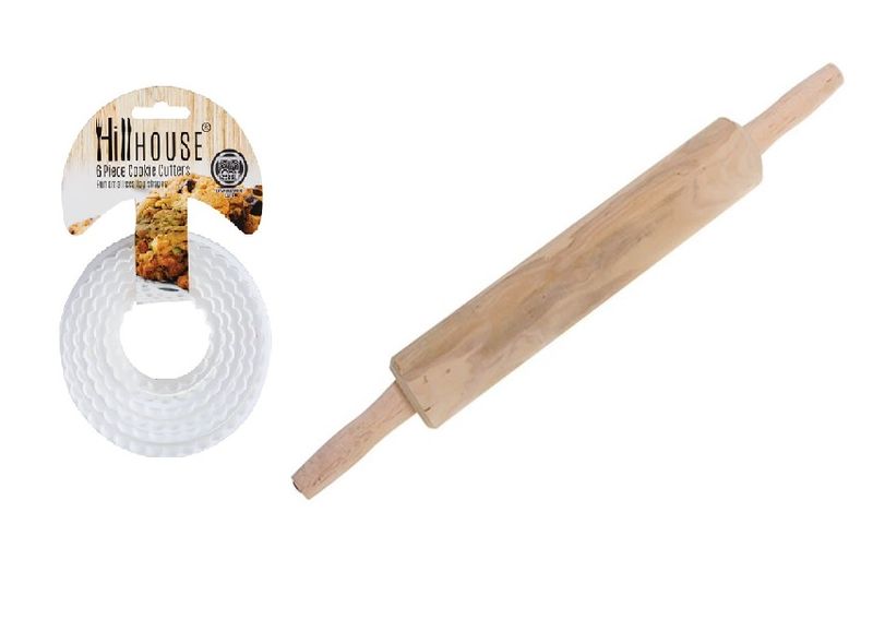 Cookie Cutters 6pc Round + Rolling Pin Wooden 42cm
