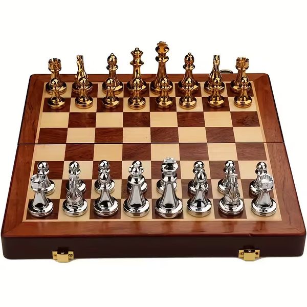 Large Deluxe Metal Chess Set - Portable Wooden Box with Alloy Pieces