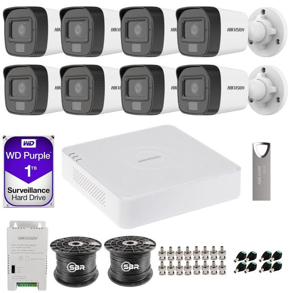 Hikvision 8CH Smart Hybrid Light 1080P-Camera With Audio-1TB HDD-SBR Bundle