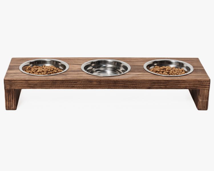 Raised feeder for cats, small dogs or puppies 3 bowls brown