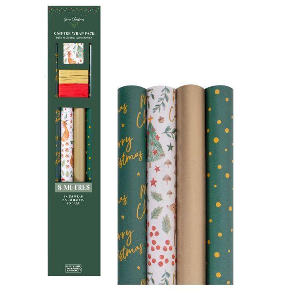 Christmas Gift Wrap Bulk Pack Bold Green - 4 x 2m Roll Wrap, Raffia &amp; Tags