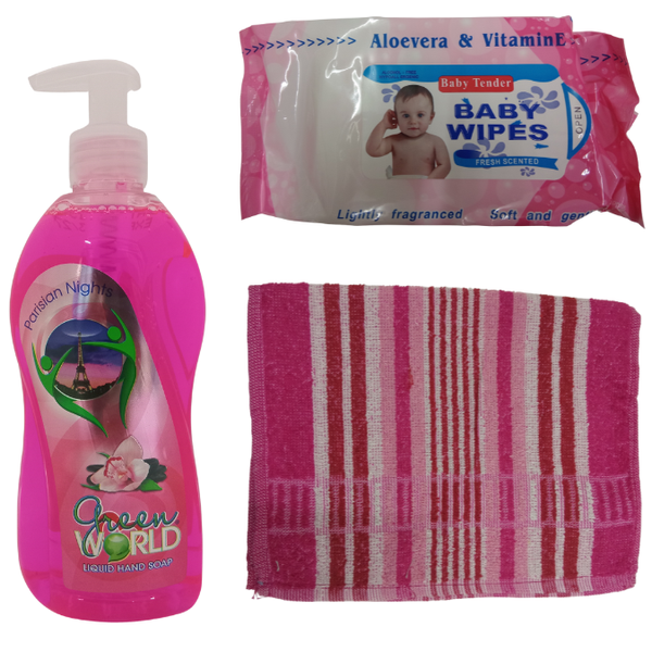 Parisian Nights Liquid Hand Wash 500ml + Baby Wipes + Pink Towel Bundle