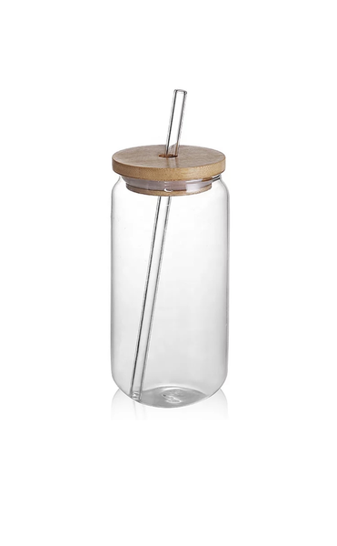 Beer Can Shaped Glass Bottle with Bamboo Lid and Clear Glass Straw - 550ml