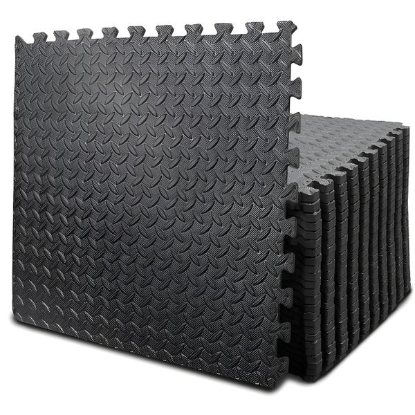 Puzzle Interlocking Foam Floor Mat Set for Home &amp; Gym - Black (12 Pieces)