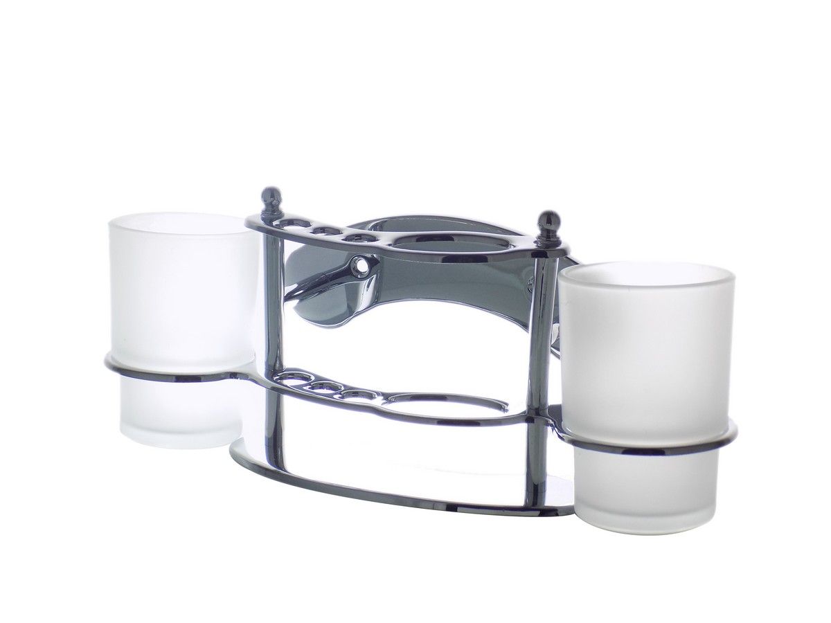 Elegant Toothbrush Holder Double Stainless Steel 2 Frosted Glasses
