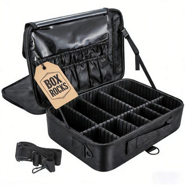 Black Makeup Bag Cosmetic Case Vanity Travel Beauty Box with Mirror - Large