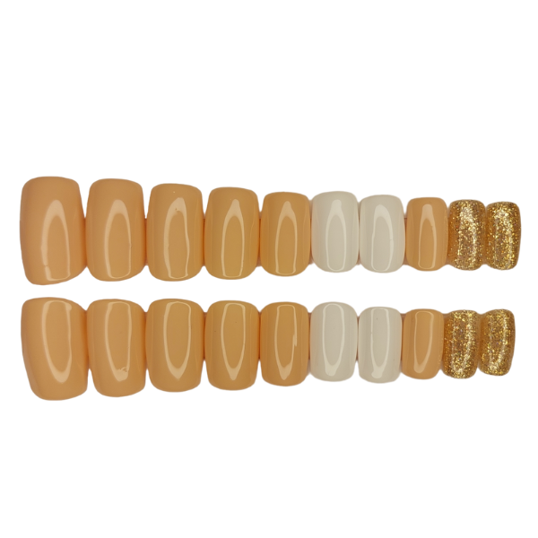 Luxury Press On Nails - Medium Square Peach, White &amp; Gold Set - 20 Piece