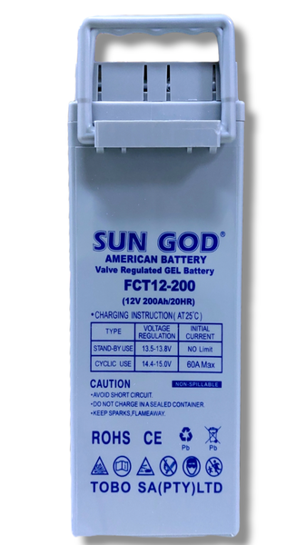 Sun God - Gel Deep Cycle Rechargeable Slim Battery- 12V200AH/20HR( at 25°C)
