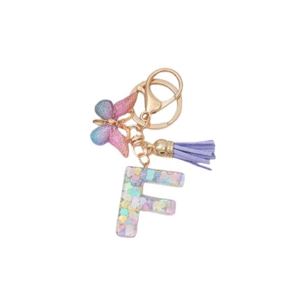 "F" Keychain With Gradient Butterfly Charm & Purple Tassel - Multicolor