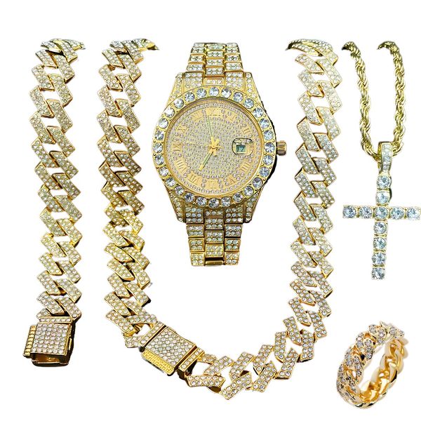 Men's Watch, Diamond-Shaped Cuban Chain, Cross Necklace, Cuban Diamond Ring