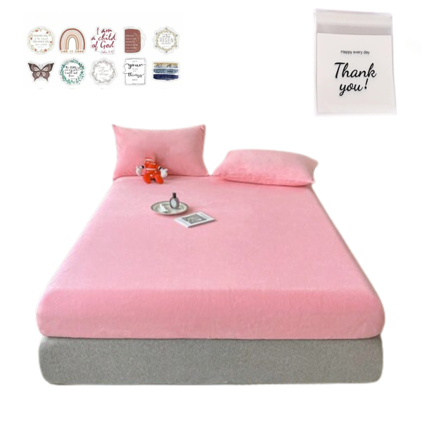 3 Pieces Soft Warm Velvet Fitted Sheet Plain with Stickers &amp; Pillowcases