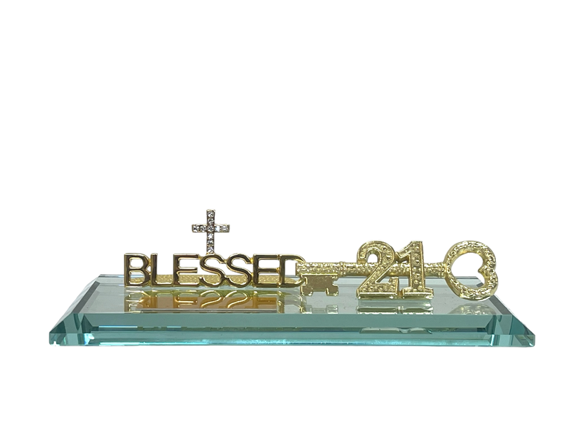 21st Key with Diamante Cross on Blessed with Glass MIrrorbase