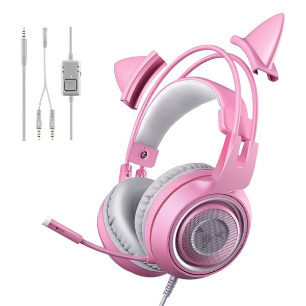 Pink Stereo Gaming Headset with Mic , Noise Reduction Cat Ear Headphones
