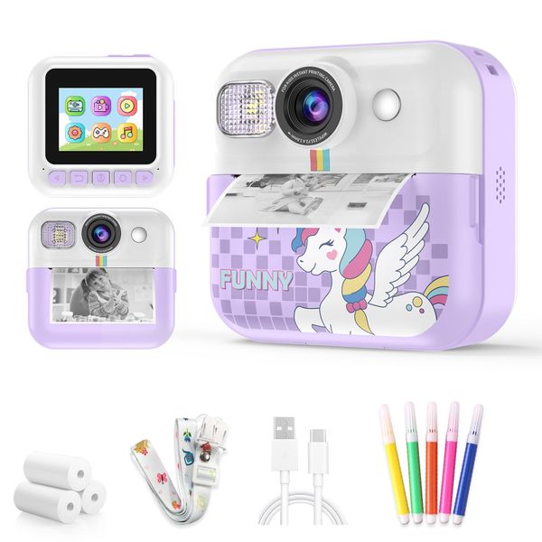 Instant Print Camera for Kids with 3 Rolls Print Paper