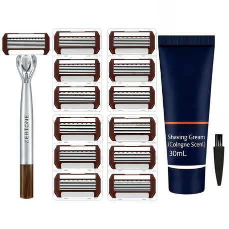 Men's Razor Set with 12 Cartridges, Shaving Cream and Cleaning Brush Image