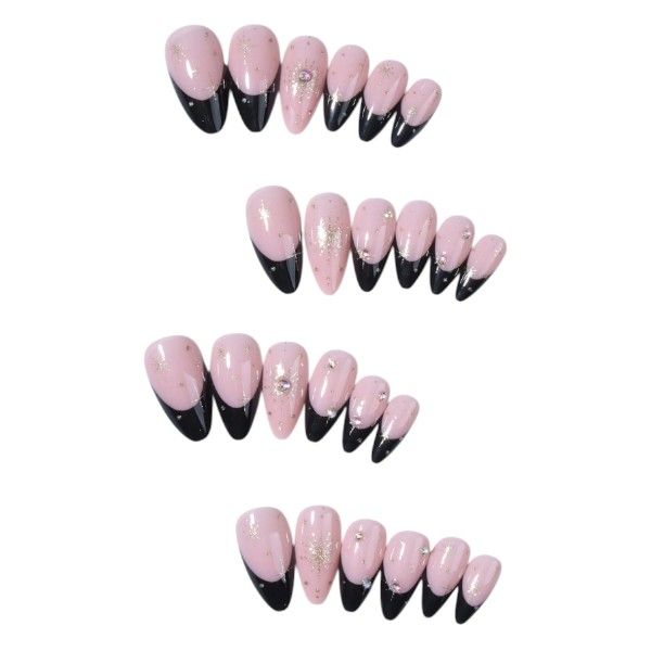 24 Piece - Press On Nail Set With Rhinestone Star Designs - Black &amp; Pink