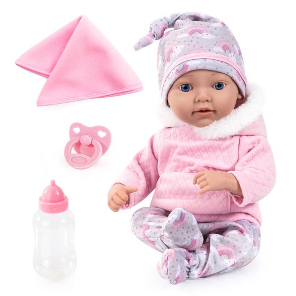Bayer Reborn Baby Doll - Pink Hoodie/Rainbow with Accessories - 38cm Tall