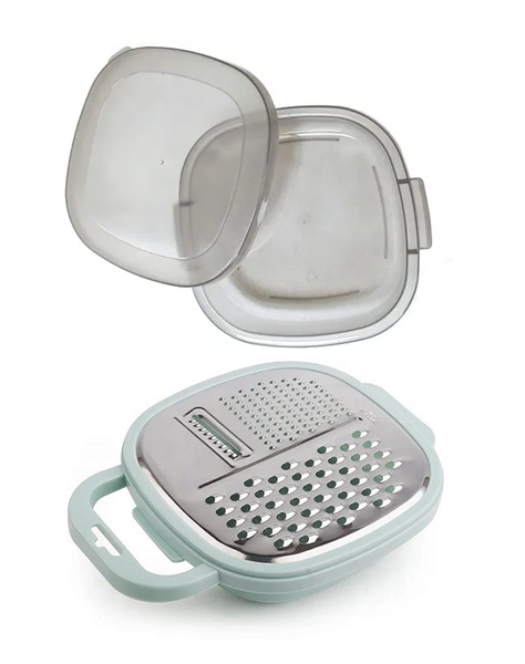 3 in 1 Cheese Shredder Box Grater - Food Container and Lid- Blue/Grey