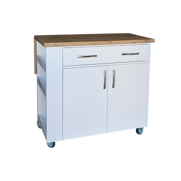 Large Kitchen Island on Wheels with Fold-Out Table &amp; Shelves-White Kalahari