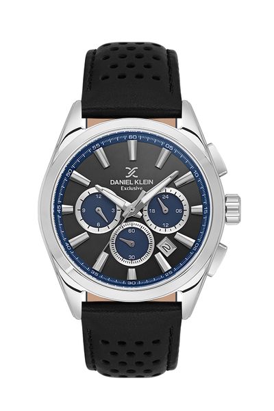 Daniel Klein - Men's Silver-Black Leather Button Watch - Leisure DK1138091