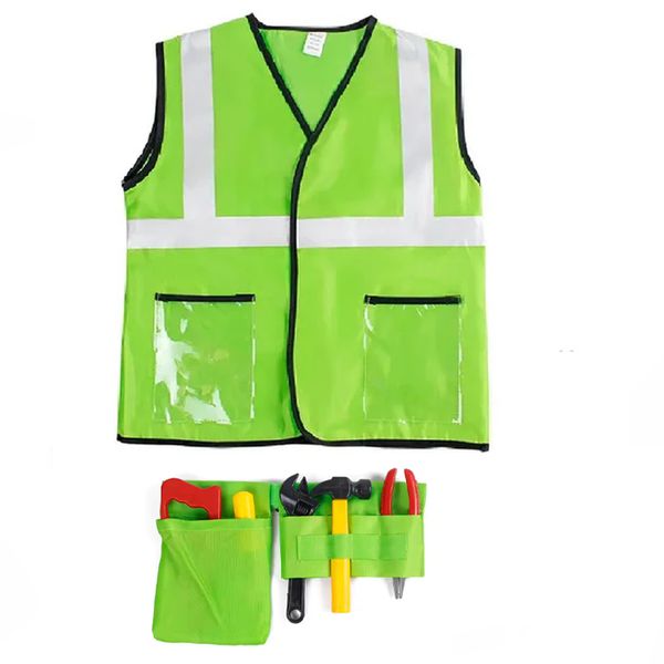 Construction Worker Role Play Costume Set with Tools - Green - Pretend
