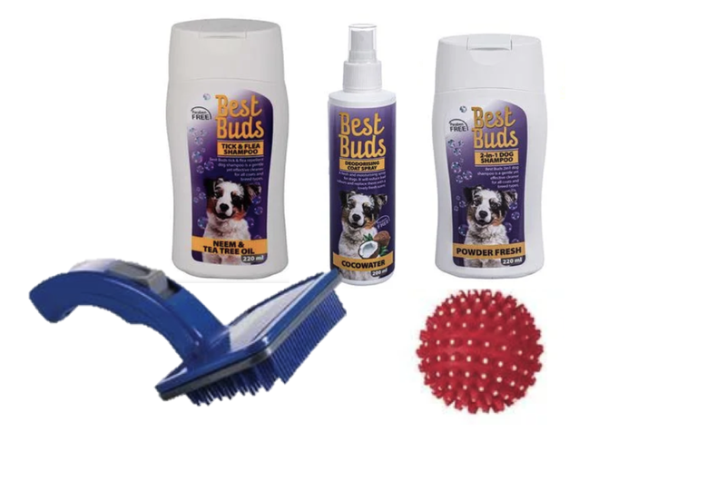 Dog Care Kit: Shampoo, Brush, Toy &amp; Deodorizing Spray - Grooming Bundle