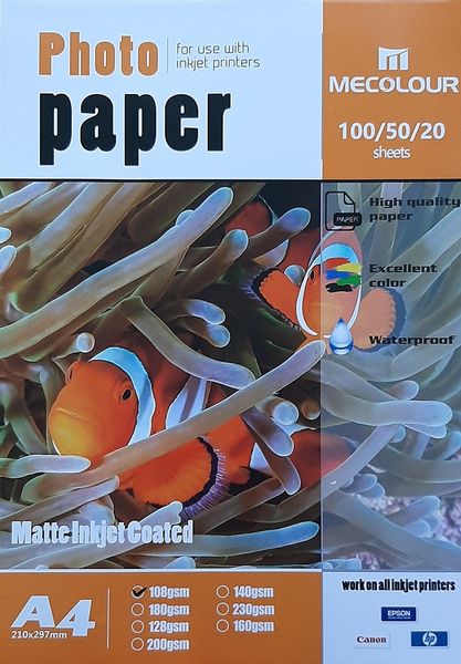 MECOLOUR A4 Matte 108g Inkjet Coated Paper (100 Sheets Per Pack)