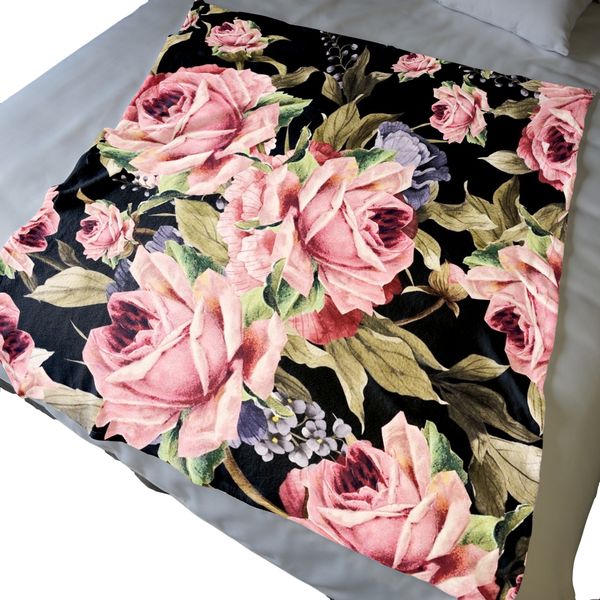 Pink on Black Floral Light Weight Fleece Blanket