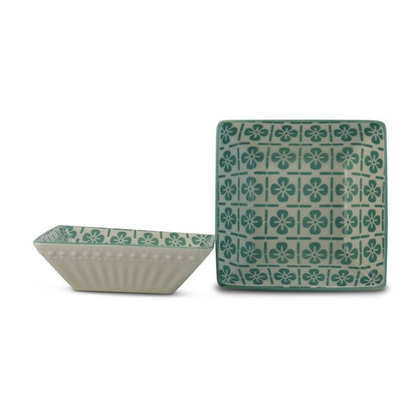 Bowl - Flower Design - Ceramic - Square - Turquoise - Small - 2 Pack