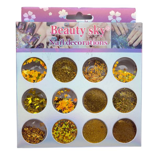 Beauty Sky 12 Design Nail Decorations Kit Nail Art Gold Series G034