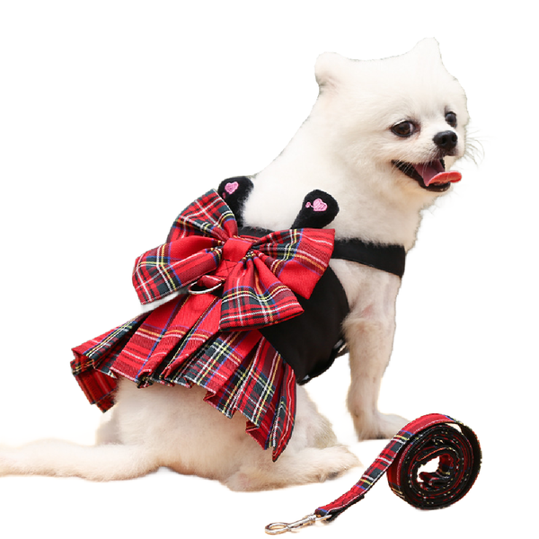 Christmas Pet Cat Dog Plaid Skirt With Harness Rope for Walking