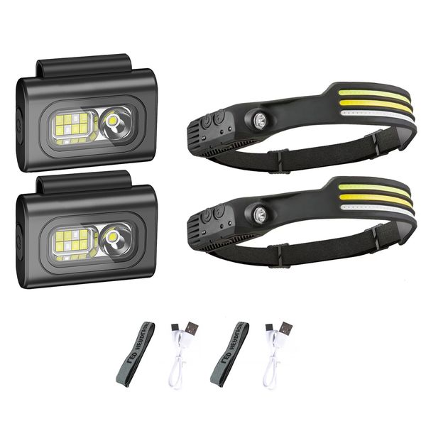 COB Bright USB Rechargeable Headlamp &amp; Clip-On Flashlight Hands-Free 4pk