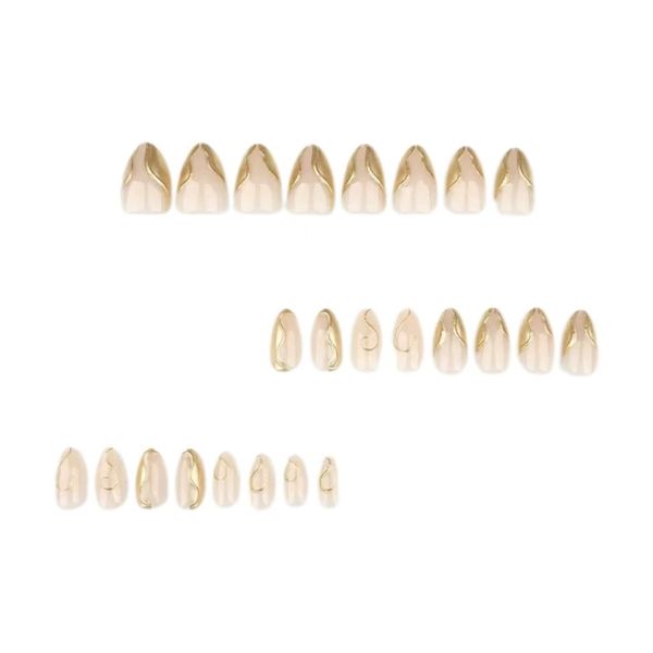 Almond Shaped Short Nail Tips 3D Gold French Pointed Style 24 Pieces