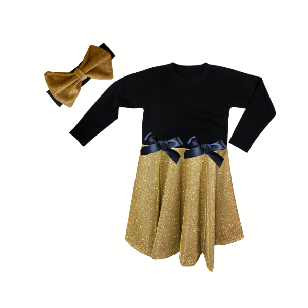 Princess Glitter Long Sleeve Dress &amp; Headband-Black &amp;Royal Blue