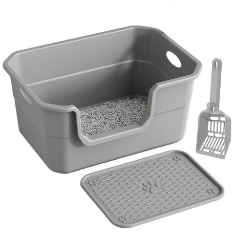 50x35x22CM Cat Litter Box Low Entry Plastic Kitty Box With Mat & Scoop-Grey Image