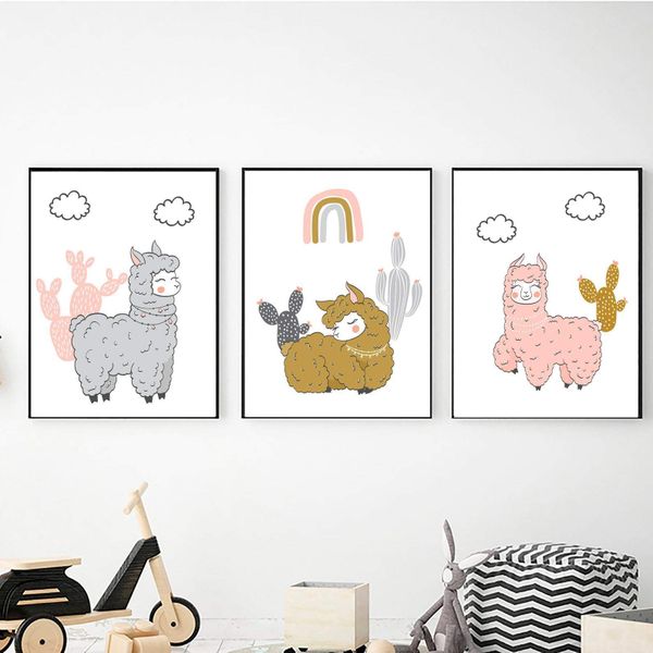 Llamas &amp; Rainbows - 40cm x 50cm Canvas -Set Of 3