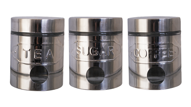 3 Piece Glass Canister Set with Stainless Steel Casing-Sugar, Coffee &amp; Tea Set